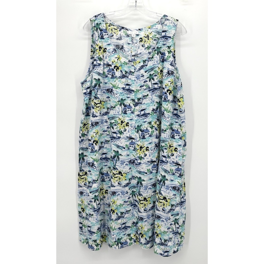 J Jill Love Linen Sleeveless Dress Size XL Coastal Scenic Print Blue Green Linen